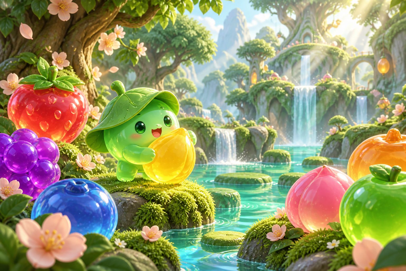 A little jelly character and colorful fruit in an enchanted forest