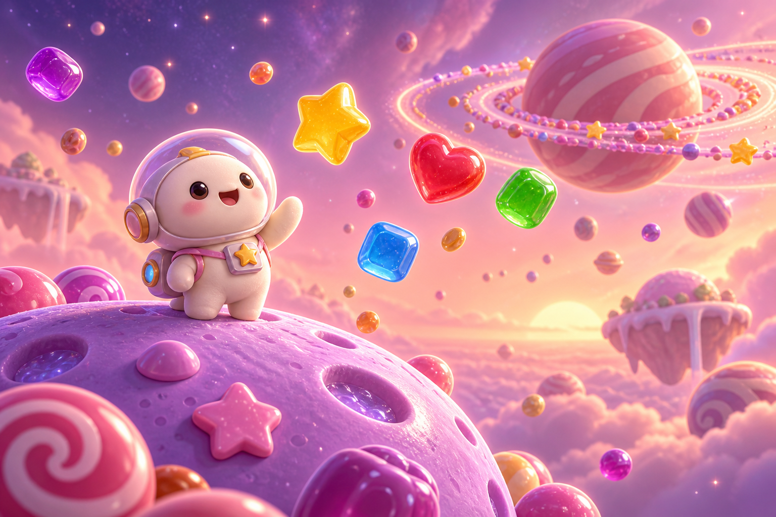 A friendly astronaut and colorful candy on a purple sugar planet